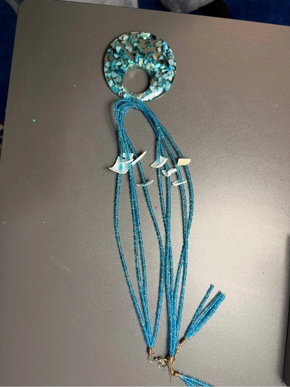 & Other Stories Teal Blue Beaded Necklace with Donut Pendant